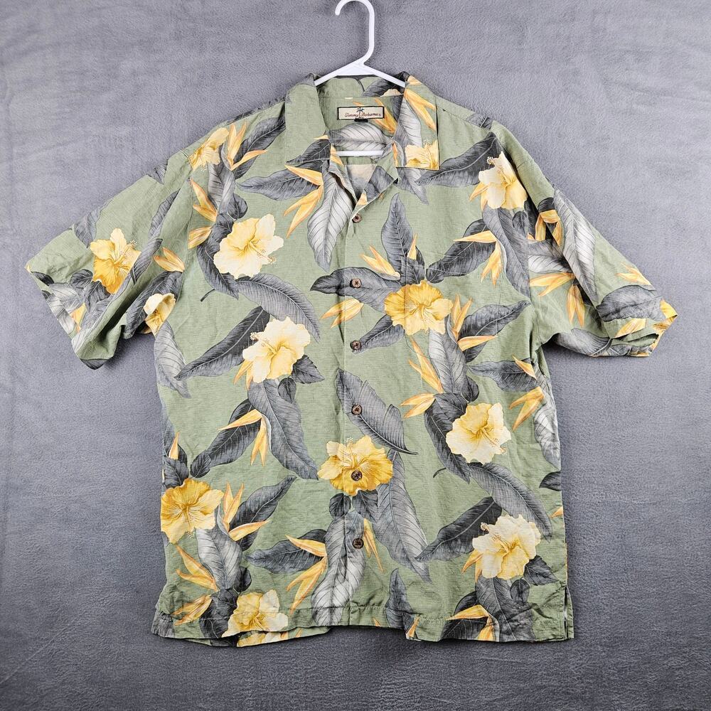 Tommy Bahama Hawaiian Green Yellow 100% Silk Floral Vacation Shirt Size Large